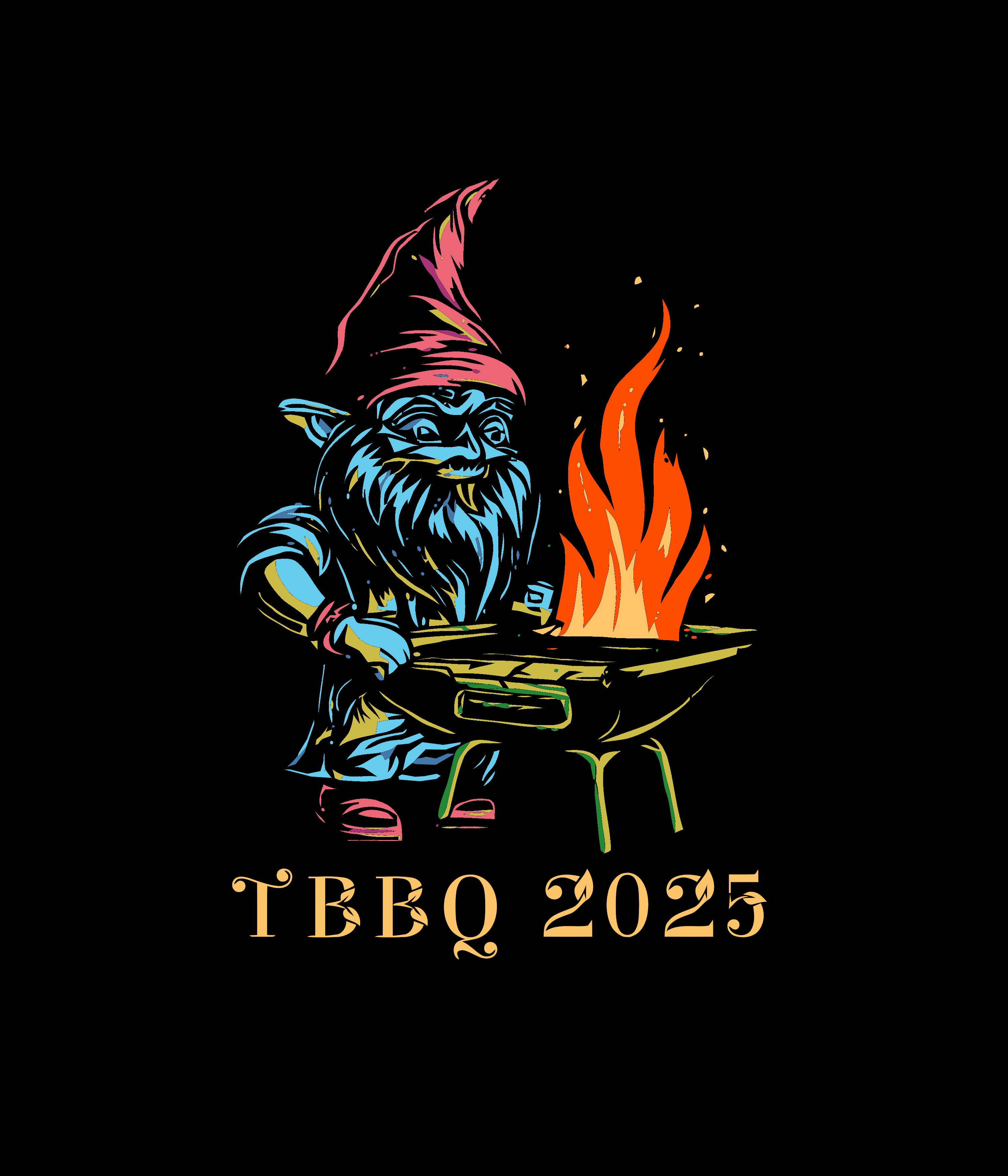 ToxicBBQ 2025 Logo, a Gnome with a spatula stands in front of a grill that has a huge flame coming out of it. The text below reads Toxc BBQ 2025 and is in a font that looks like words are crafted out of leaves.